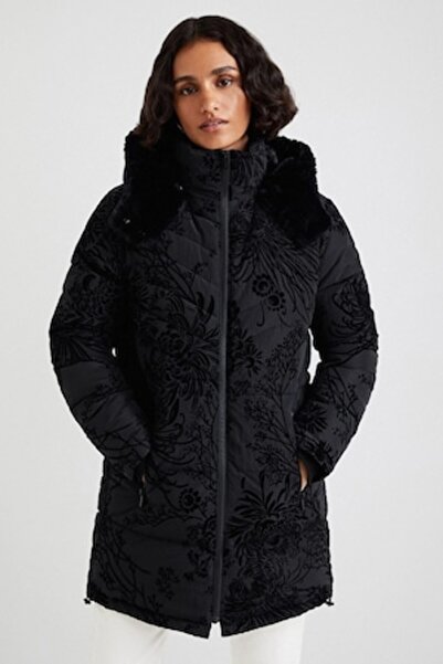 Desigual Quilted jacket with embossed pattern in Japan velvet, Black, M