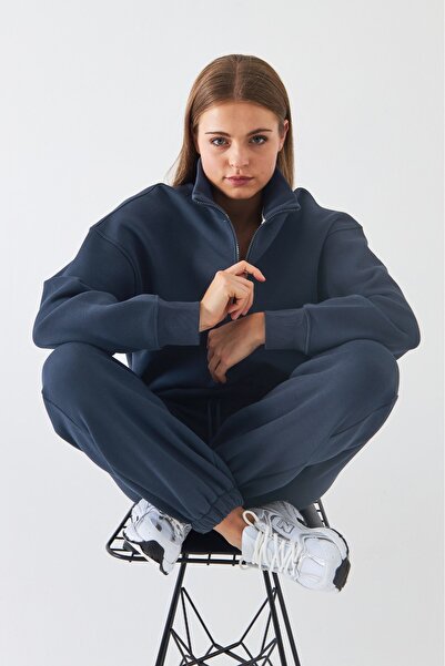 GIA - ART Unisex Oversize Sweatshirt Basic Navy – Half Zipper Stand Collar, 3 Thread Fleece