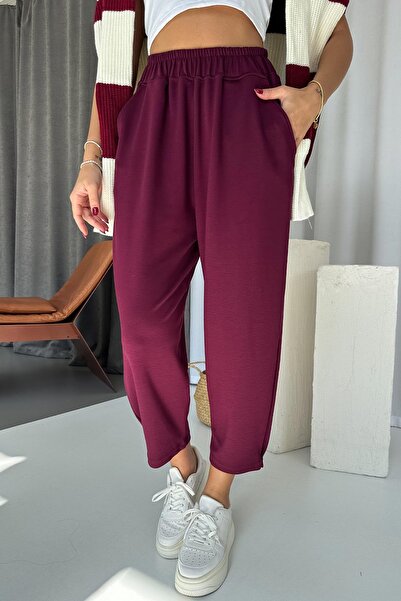 Mine Tan Butik Modal Fabric Women's Trousers with Leg Fasteners - Plum