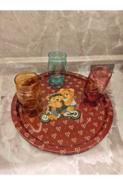 ENAVM Teddy bear ayı desenli pinterest model metal sunum ve kahve tepsisi 28 cm