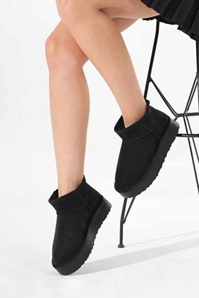 Tonny Black Kadın Siyah Kalın Poli Taban İçi Kürklü Süet Görünümlü Bot