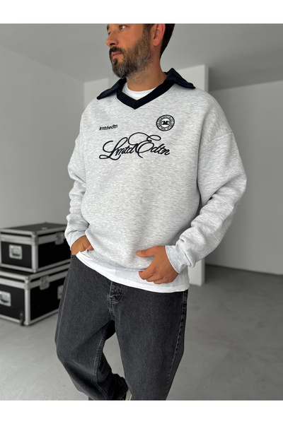 BYBASICMAN Gri V Yaka Limited Nakışlı Sweatshirt HM-0002
