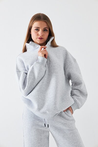 GIA - ART Unisex Oversize Sweatshirt Basic Gray – Half Zipper Stand Collar, 3 Thread Fleece