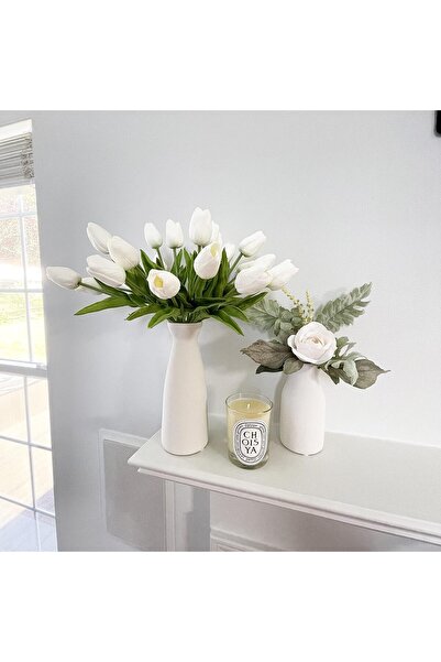 ALAYRA International 20pcs Artificial White Tulips, 32cm Real Touch PU Flowers for Home & Wedding Décor