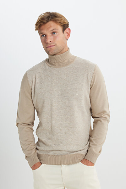 AC&Co / Altınyıldız Classics Beige Full Turtleneck Patterned Sweater