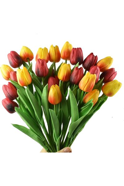 ALAYRA International باقة توليب حمراء وبرتقالية بلمسة حقيقية، ٢٤ قطعة، زهور ص...