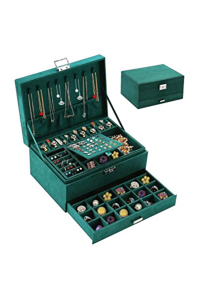 Nnewvante صندوق مجوهرات بثلاث طبقات - منظم بقفل وأدراج وصواني قابلة للإزالة للنساء والفتيات