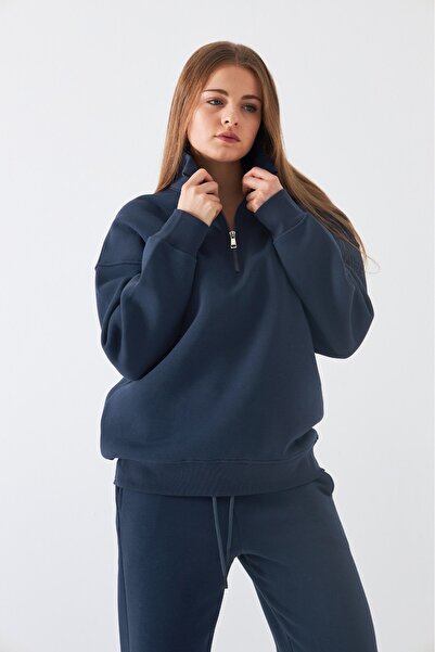 GIA - ART Unisex Oversize Sweatshirt Basic Navy – Half Zipper Stand Collar, 3 Thread Fleece