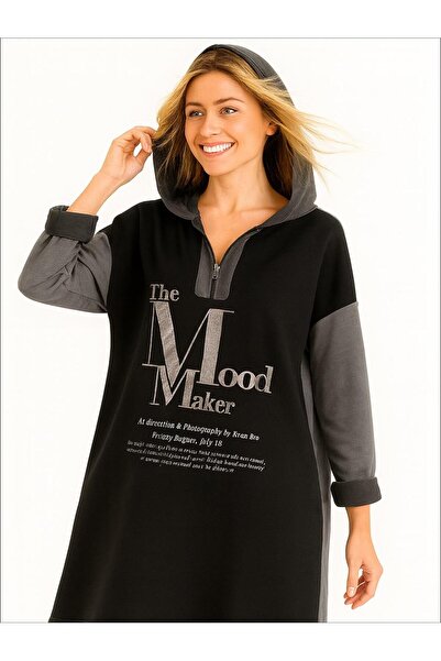 Hanımefendi Butik İtalyan Kapüşonlu Nubuk Elbise - SİYAH