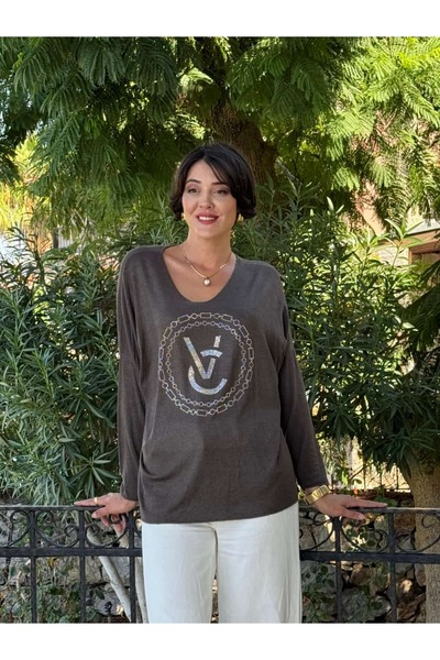 Punta Otantik LS82681 Ιταλική πλεκτή μπλούζα με στάμπα πέτρας καφέ