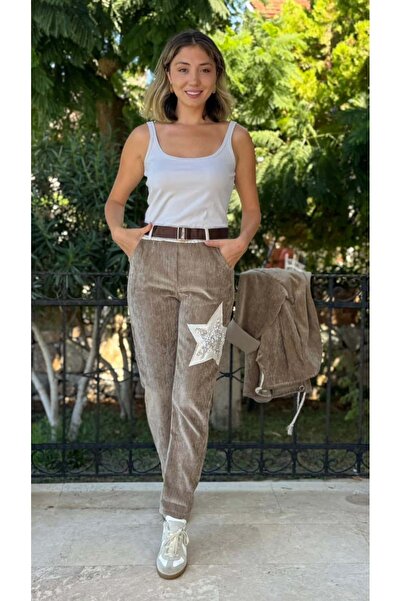 Punta Otantik LS12520 İtalyan Cebi Taşlı Kadife Pantolon Vizon