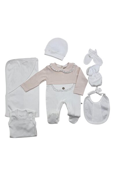 Baby day طقم استقبال مواليد 7 قطع أبيض وبيج فاتح بدانتيل أنيق