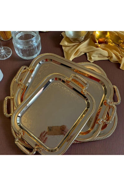 Zuccara Maison RoyalLine Lüks Desenli Dikdörtgen Çelik Tepsi Seti