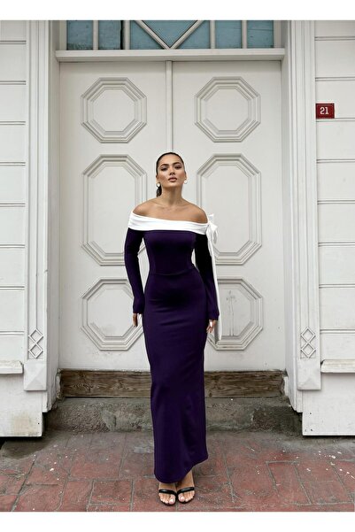 Modafeminen Rochie din crep cu mâneci lungi albă violet 583335