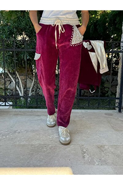 Punta Otantik Ls13220 Italian Pocket Stone Velvet Trousers Cherry