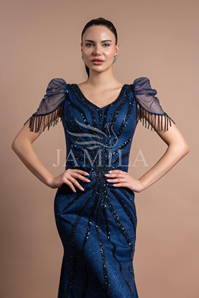 Lovely Dress Payetli Tül Detaylı Kısa Kollu Abiye Elbise