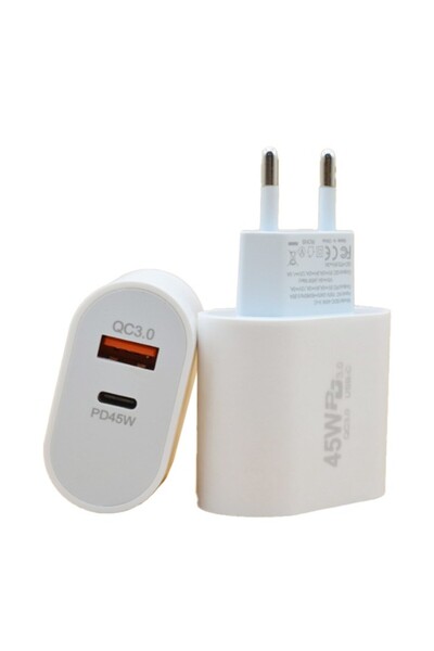 Flippy Φορτιστής τηλεφώνου γρήγορης φόρτισης, Flippy, παροχή ρεύματος 45W, διπλή θύρα USB-A Q.C 3.0, Type-C, λευκό