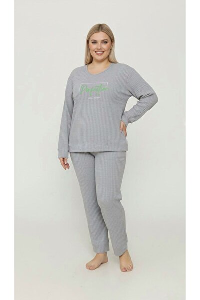 FAMES PİJAMA طقم بيجامة نسائية من القطن المضلع مقاس كبير