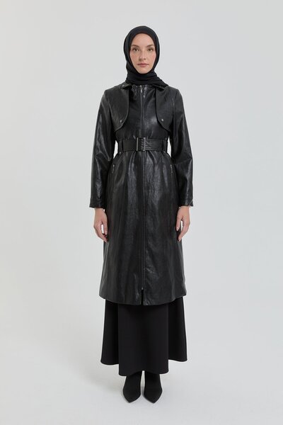 Nihan Kemer Detaylı Fermuarlı Deri Kap Siyah