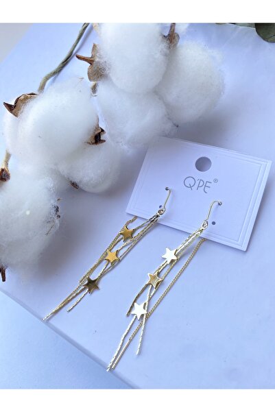 Tasarım Sarkan Zincir Yıldızlı Gold Çelik Küpe