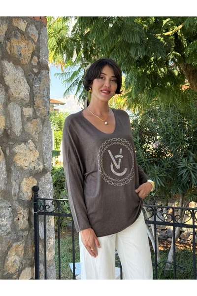 Punta Otantik LS82681 Ιταλική πλεκτή μπλούζα με στάμπα πέτρας καφέ