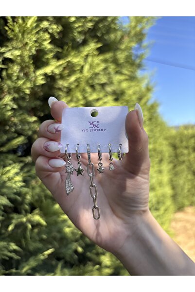 Tasarım 6-Piece Stone and Star Multi-Steel Earrings Suitable for Daily Use