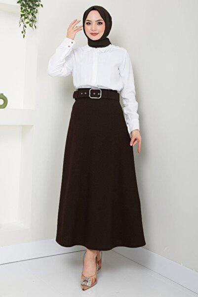 hafsamina Belted Mevlana Skirt Bitter Brown Hm2370