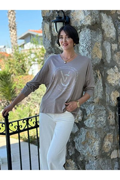 Punta Otantik LS82681 Ιταλική πλεκτή μπλούζα με στάμπα πέτρας βιζόν