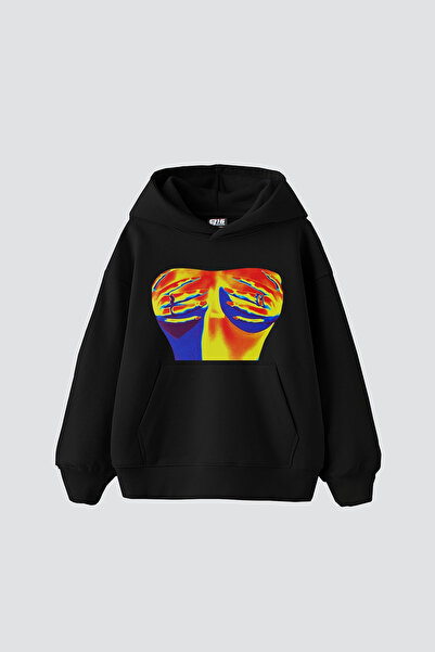 Sekizbiraltı Thermal Boobs Printed Oversize Unisex Black Hoodie