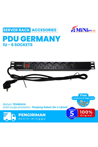 Mini pro شريط طاقة PDU ألمانيا 1U 6 مقابس | 19 بوصة مثبت على رف الخادم 220-250 فولت، 16 أمبير 1500 واط واقي من زيادة التيار