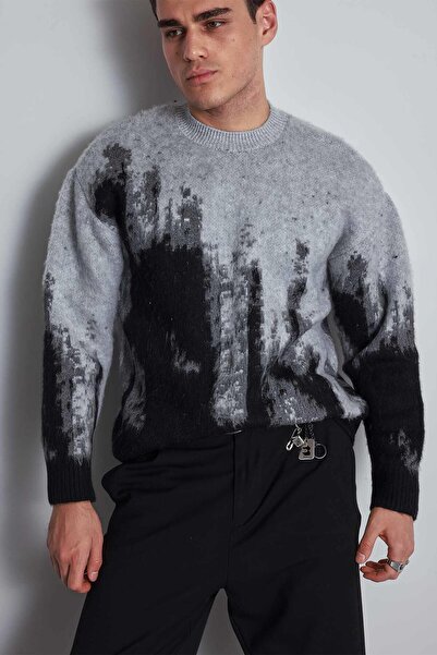 ablukaonline Ανδρικό πουλόβερ με μοτίβο με λαιμόκοψη oversized μαύρο