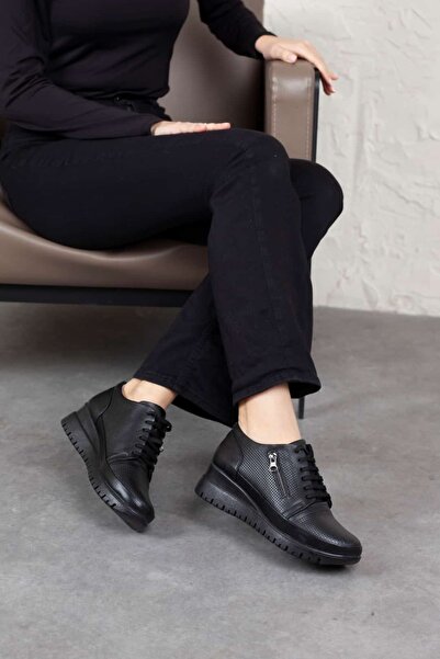 DERİMİSS Women's Genuine Leather Accessory Zippered and Laced Comfort Shoes