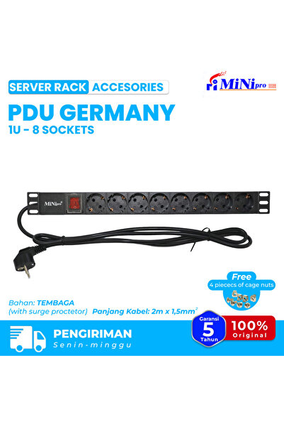 Mini pro شريط طاقة PDU ألمانيا 1U 8 مقابس | 19 بوصة مثبت على رف الخادم 220-250 فولت، 16 أمبير 1500 واط واقي من زيادة التيار