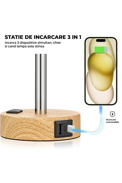 Elindor ® White Bedside Lamp, 3 Dimming Modes, USB Charging Ports, Living Room, Office, Touch Control