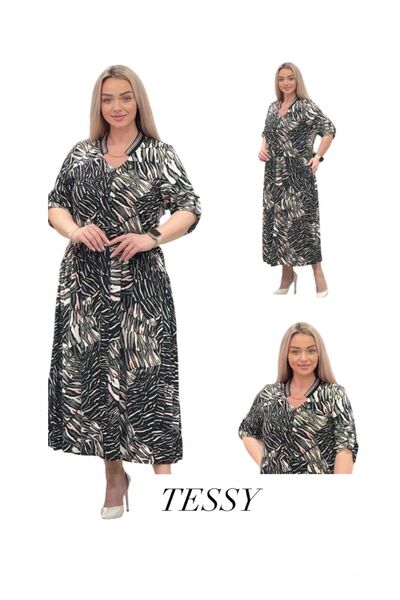TESSY KADIN BÜYÜK BEDEN DESENLİ RİBANALI ELBİSE