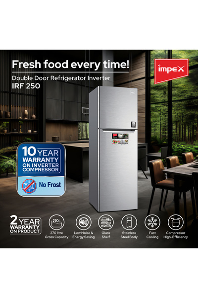 İMPEX 270L No Frost Inverter Refrigerator, Dark Silver, Glass Shelves, Fast Cooling, Energy Saving