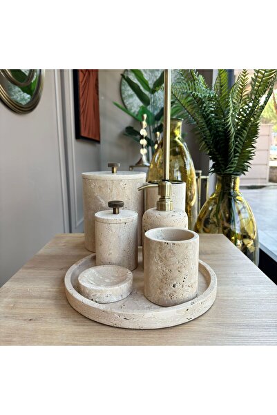 LİSPERA Travertine Marble Bathroom Set, Travertine Marble Seven-Piece Bathroom Set with Antique Apparatus
