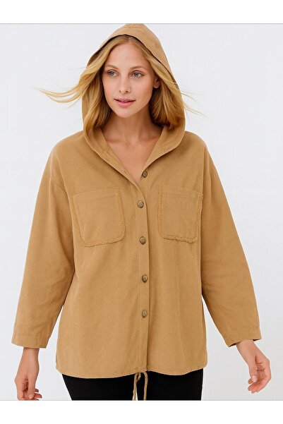 Hanımefendi Butik İtalyan Kadife Kapüşonlu Ceket - VİZON