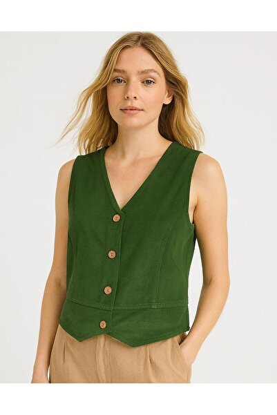 Hanımefendi Butik italyan Kısa Kadife Yelek - YEŞİL