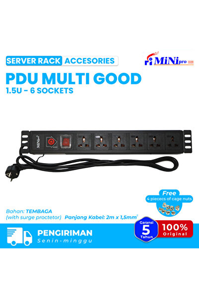 Mini pro وحدة توزيع الطاقة متعددة الاستخدامات 1.5 وحدة | شريط طاقة سداسي المقابس مقاس 19 بوصة، مثبت على رف الخادم، 220-250 فولت، 16 أمبير، 1500 واط، واقي من زيادة التيار