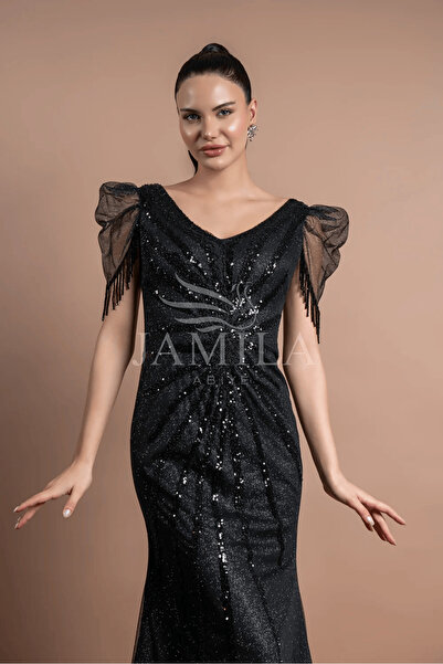 Lovely Dress Payetli Tül Detaylı Kısa Kollu Abiye Elbise