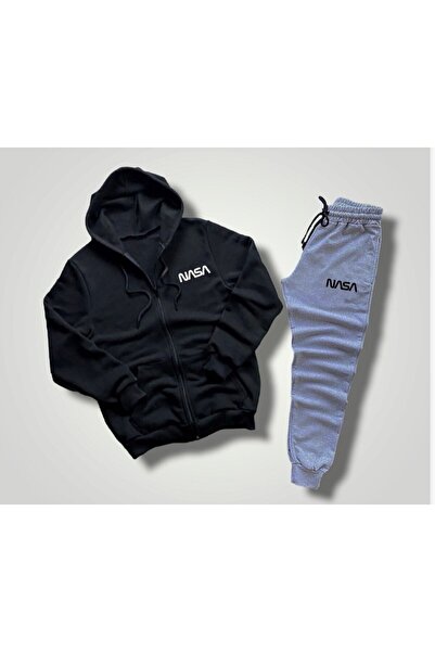 zeag Nasa Written Unisex Jacket and Sweatpants Combination Black Gray