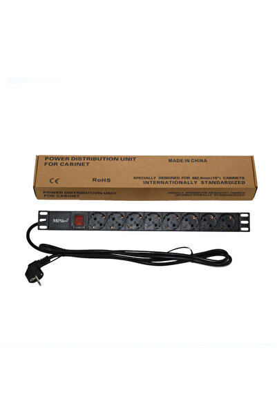 Mini pro شريط طاقة PDU ألمانيا 1U 8 مقابس | 19 بوصة مثبت على رف الخادم 220-250 فولت، 16 أمبير 1500 واط واقي من زيادة التيار