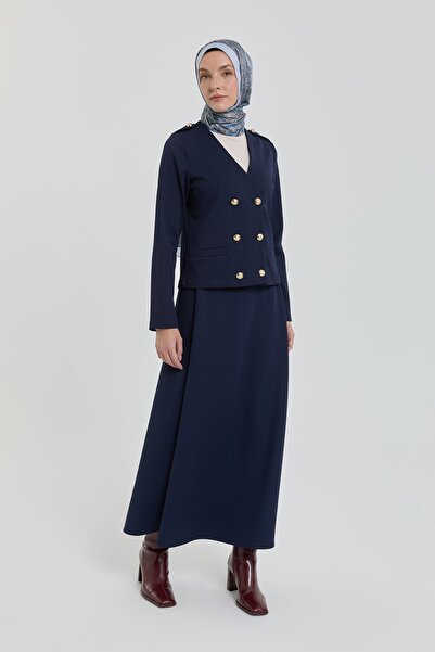 Nihan Gold Düğmeli Örme Etek Ceket Takım Lacivert
