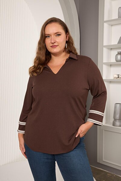 RMG Plus Size Sleeve Embroidery Detail Knitted Blouse Brown