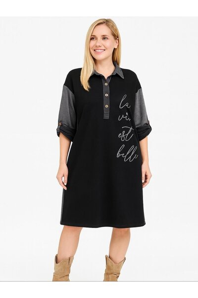 Hanımefendi Butik İtalyan Yazı Detaylı Nubuk Elbise - SİYAH