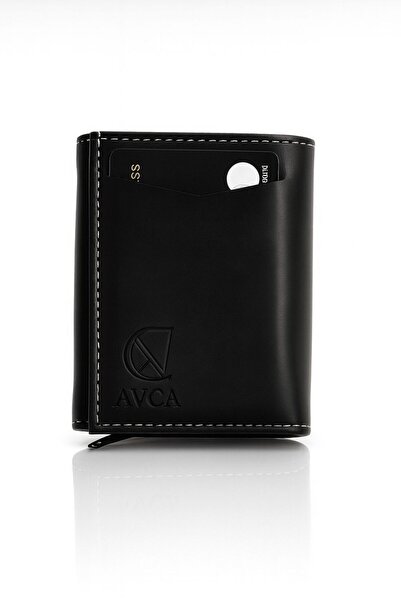 AVCA Men's Vegan Leather Black Cash Money Compartment Sliding Mechanism Wallet Card Holder