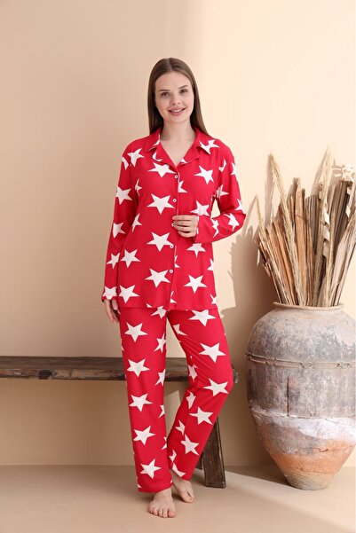 sharin Set de pijamale de iarnă pentru femei, cu model de stele, din piele intoarsa, cu guler, cu maneca lunga, moale, 1D-2352