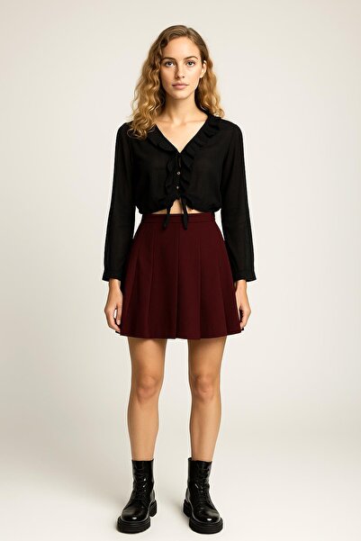 Fashion Friends Fusta mini plisată cu talie înaltă elastică, roșu claret