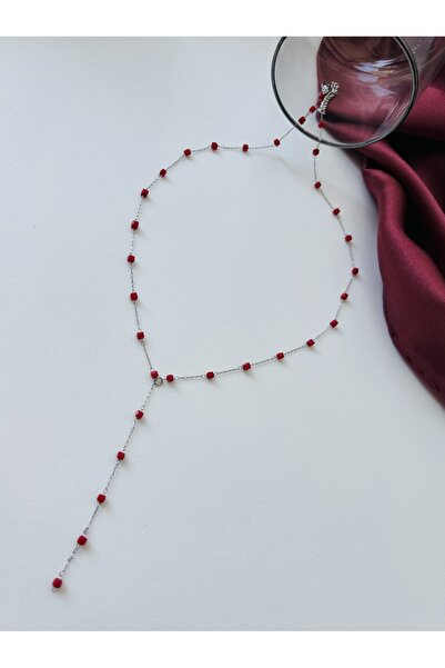 Fynbos Stainless Steel Flame Red Stone Silver Y Necklace